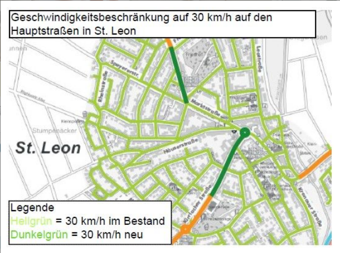 Karte mit Darstellung der Geschwindigkeitsbeschränkung auf 30 km/h auf den Hauptstraßen in St. Leon