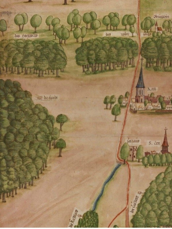 Die Ortschaften Rot und St. Leo auf der Pfälzer Wildbann Karte von 1548 