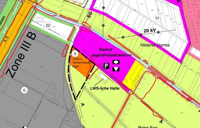 Ansicht des Plans Zone III B mit Bauhof, Jugendfreizeitzentrum, Hinterer Harres, Obst- und Gartenbauanlage und LWS-liche Halle